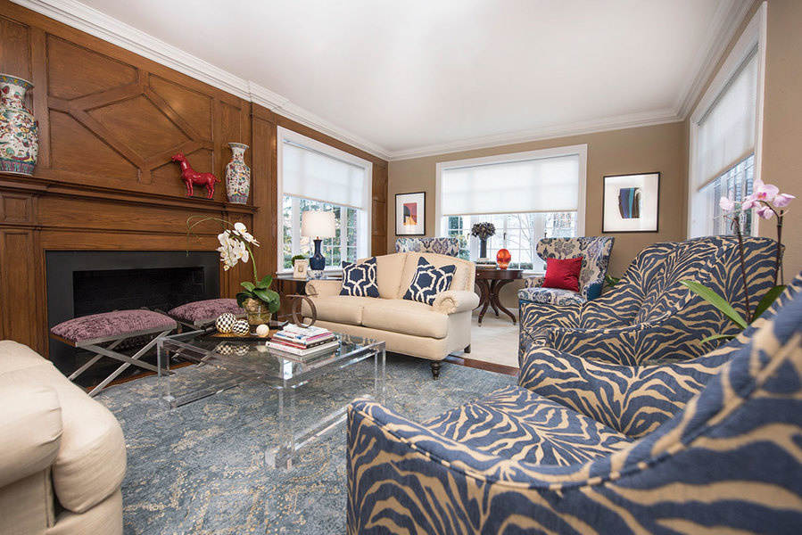 Done in blue, zebra-printed chairs are a tame alternative and further the look and feel of a traditio