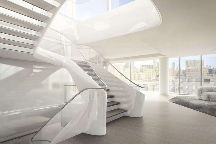 A rendering of the staircase in the triplex penthouse.