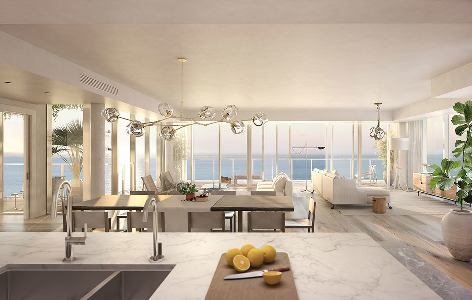 In this open-plan living-dining room, designed by Alexandra Champalimaud for 3550 South Ocean in Palm