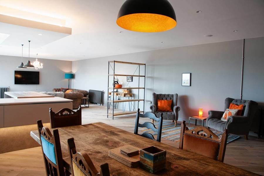 Ms. Freeman’s two-bedroom penthouse apartment has an open-plan living/dining area.
