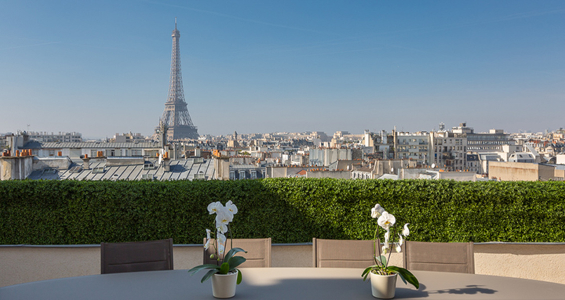La sala tiene salida directa a una terraza con vistas a la Torre Eiffel.
