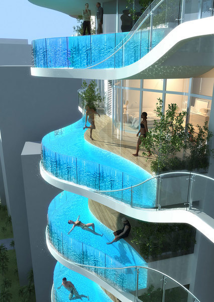 The building’s roughly 100 condos will include pools on balconies.