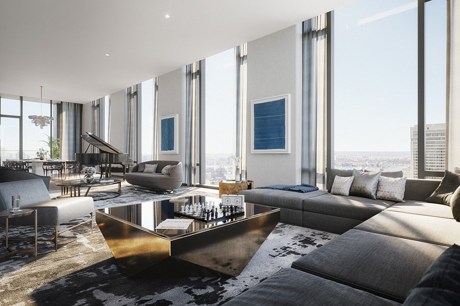 Metallic furniture and a two-tone rug add interest to this neutral-hued room designed by Hee Seung Le