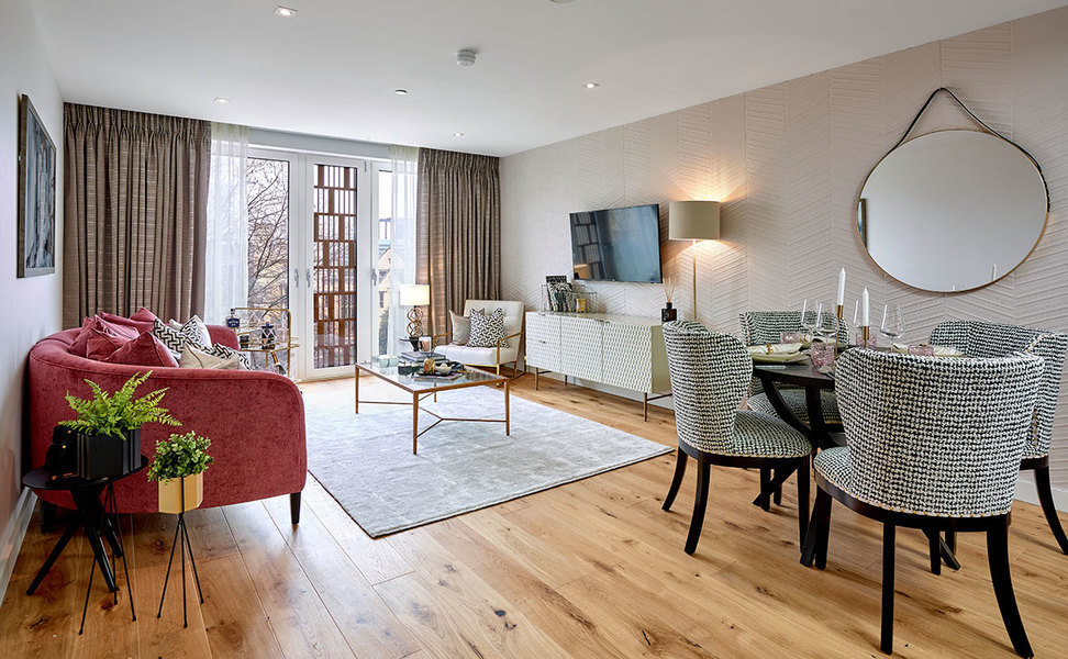 A living room at Palace View, London design by Hatch Interiors features a textural effect with chevro