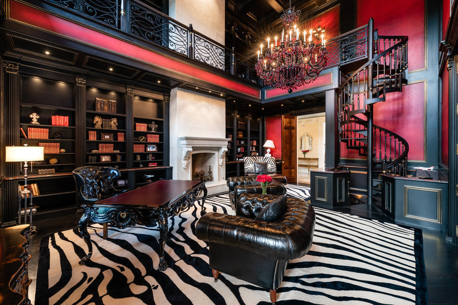 A library in the hilltop mansion built by director-actor Tyler Perry, currently on the market for $25