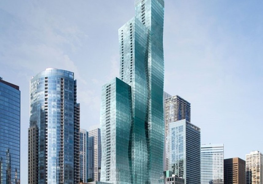 建筑事务所Studio Gang设计的方案由三栋彼此相连的平截体式建筑组成,在街面上有八处拐角,与芝加哥其他高楼相比略显纤细。